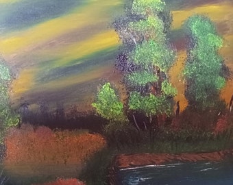 Secluded lake in the evening Original art Wall art Oil painting