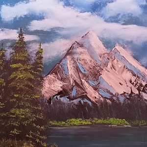 Montagnes sereines et lointaines - Peinture à l'huile originale - Art mural paysage de montagne