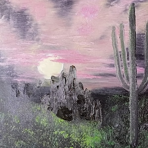 Desert Dream Cactus Sunset Original Oil Wall Art - Handcrafted Southwestern Landscape Painting - Unique Home Decor Accent