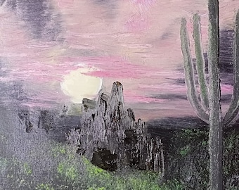 Desert Dream – Cactus Sunset Oil Painting – Southwestern Wall Art