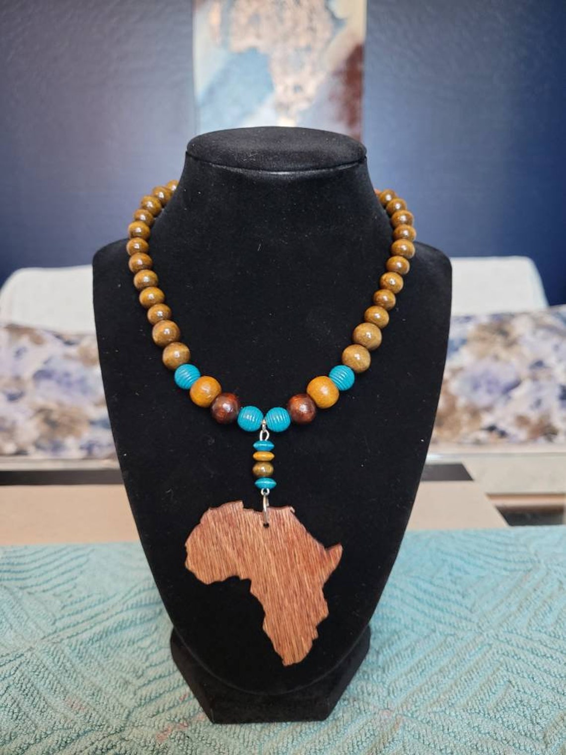 Child's Wooden Beaded Necklace with Africa Shaped Pendant Etsy