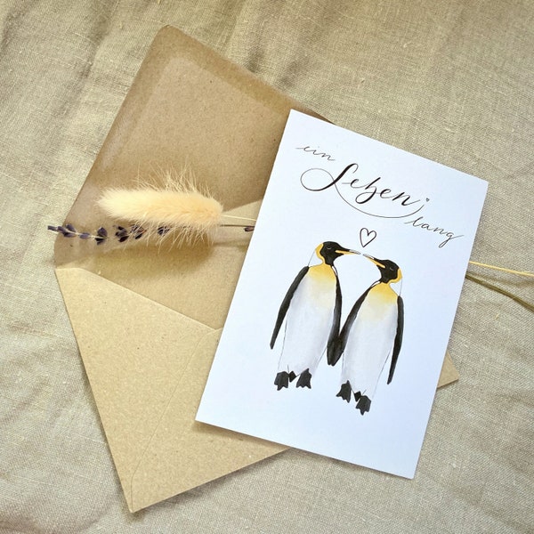 Wedding congratulations card, penguins for life, names can be personalized