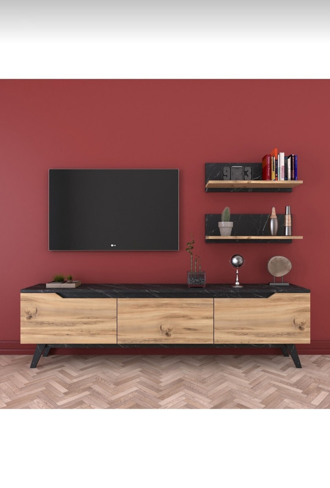 Walnut Wood and marble Tv Unit Marble tv unit / Natural Etsy