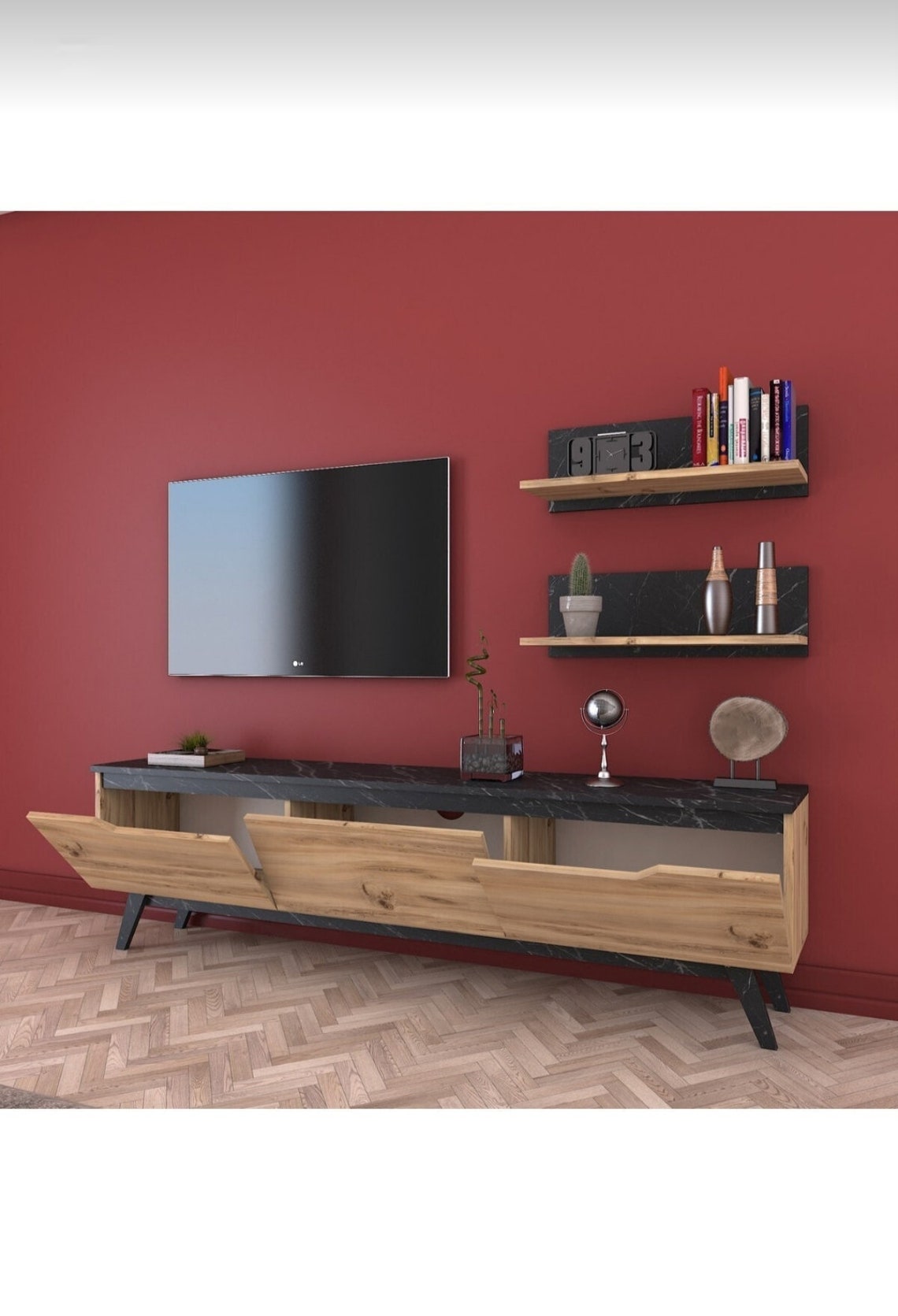 Walnut Wood and marble Tv Unit Marble tv unit / Natural Etsy