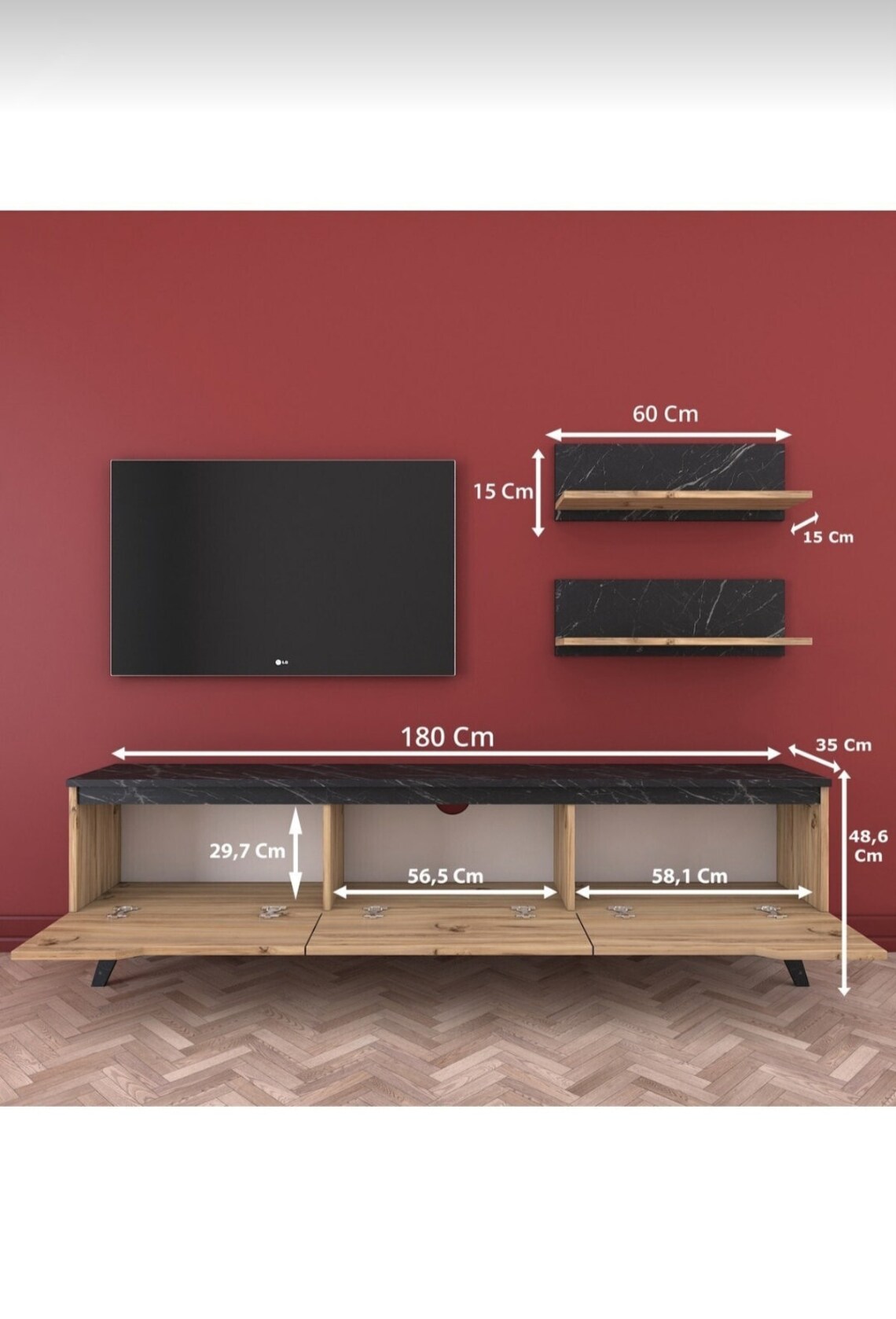 Walnut Wood and marble Tv Unit Marble tv unit / Natural Etsy