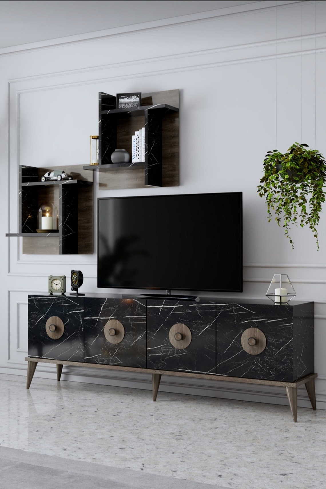 Marble patterned tv unit Wall shelf tv unit Walnut 2door tv Etsy