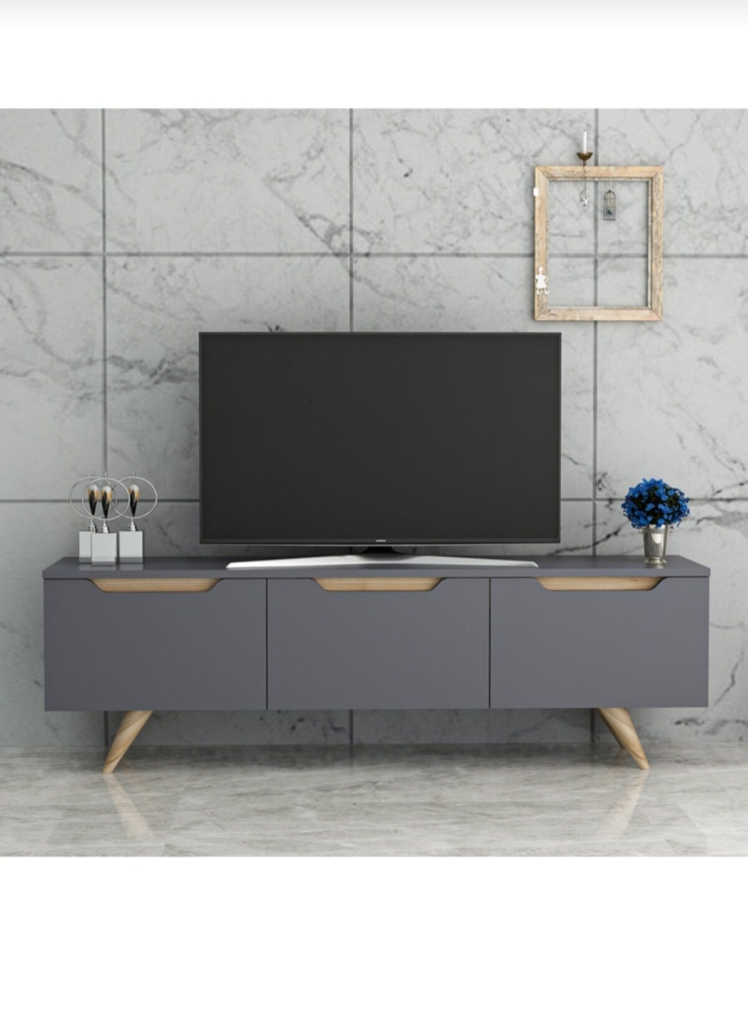 Gray television unit gray television unit with three drawers Etsy
