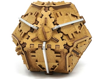 May include: A wooden puzzle box with a complex geometric design. The box is constructed from interlocking wooden pieces, featuring a clock face and silver metal bands. The natural wood color and intricate details suggest a challenging and decorative item.