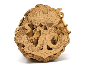 May include: A wooden pirate skull with an eyepatch and a hat, holding an anchor with tentacles wrapped around it.