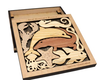 Sea Creatures Puzzle - Fun Wooden Puzzle - Great Puzzle Gift Idea - Handmade Wooden Brainteaser
