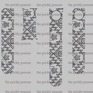 May include: Black and white geometric pattern design with repeating shapes and lines. The pattern is repeated vertically in five columns.