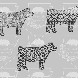 May include: Three black and white silhouette images of a cow with different patterns. The first cow has a floral pattern, the second cow has a geometric pattern, and the third cow has a leopard print pattern.