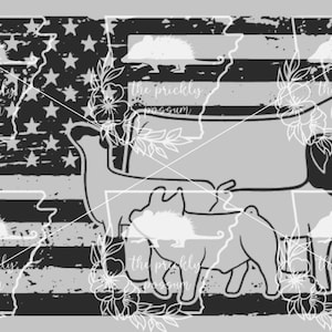 May include: A black and white distressed American flag design with the text "the prickly possum" repeated three times. The flag is overlaid with the silhouettes of three farm animals: a cow, a pig, and a llama. The animals are outlined in white and have a distressed look.