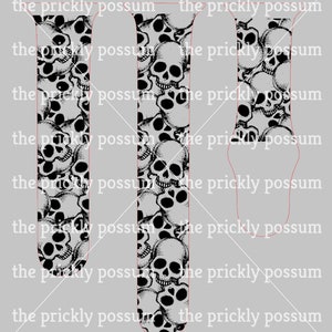 May include: Black and white skull pattern design for a watch band. The pattern is repeated on both sides of the band.