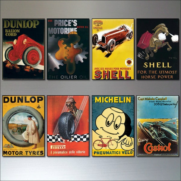 Vintage Auto Motor Adverts Art Fridge Magnets set of 8 fridge magnets