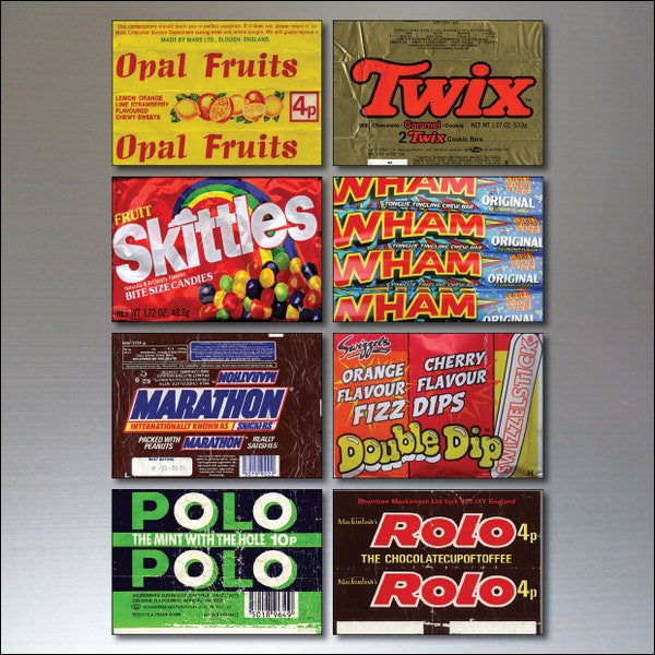Fridge magnets Nostalgic Sweet wrappers from 1970s and 80s vintage a Set of 8 Fridge Magnets