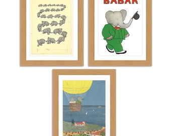 Lovely Babar the Elephant. A Collection of 3 A3 Linen embossed Print posters