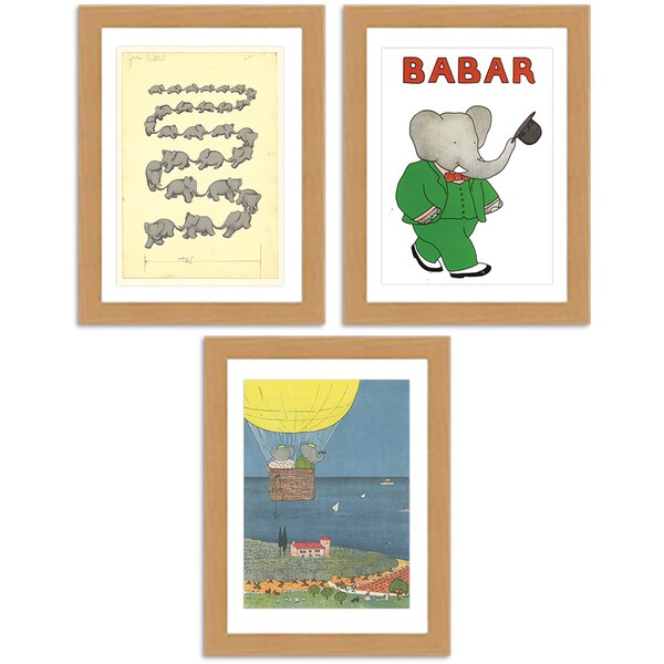 Lovely Babar the Elephant. A Collection of 3 A3 Linen embossed Print posters