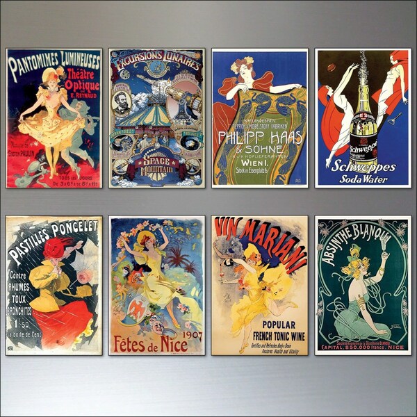 Fridge Magnets Vintage French Art Nouveau Bohemian Poster Prints set of 8 - No.2