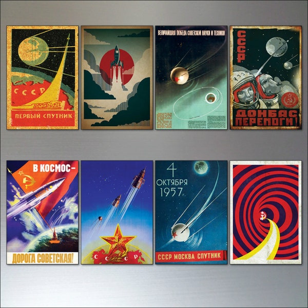 Vintage retro Sputnik Atomic soviet space race poster fridge magnets set of 8
