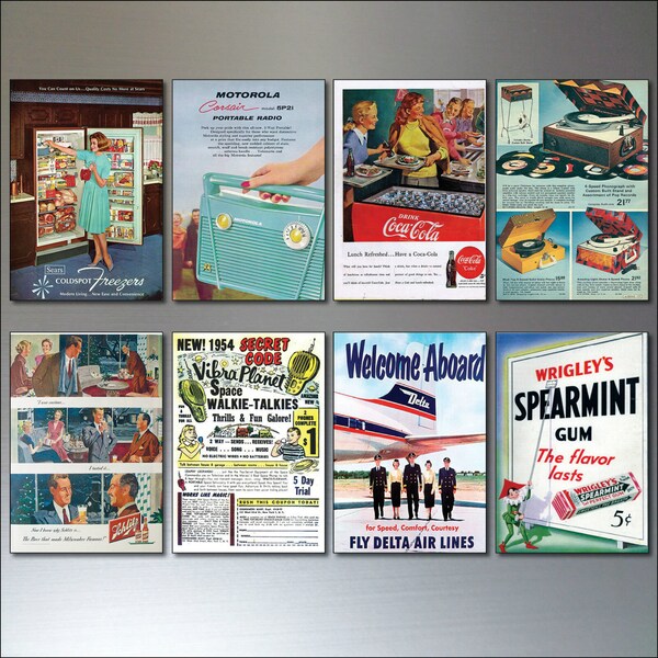 Fridge Magnets Vintage Retro Magazine Advert 1950s reproduction set of 8