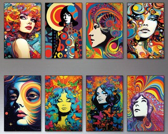 Vintage 1960s psychedelic art groovy kaleidoscope rainbow color fridege magnets set of 8