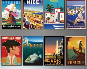 Un conjunto de ocho hermosas reproducciones de carteles de viajes antiguos, imanes de nevera No.3