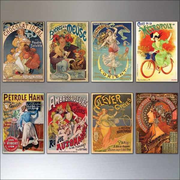 Fridge Magnets Vintage French Art Nouveau Bohemian Poster Prints set of 8 - No.1