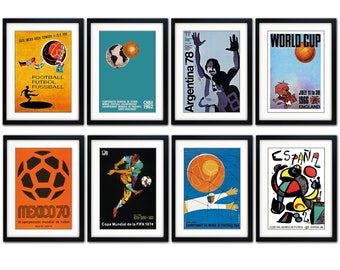 Football World Cup Posters from 1954-1982 vintage posters set of 8 prints, mounted and framed