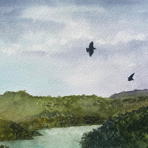 以下が含まれることがあります： 水彩画で描かれた風景画。空には2羽の鳥が飛んでおり、空は薄い紫色の空に白い雲がかかっている。風景は緑色で、手前に湖がある。