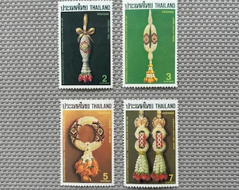 Thailand Floral Garland Stamps 1987 | International Letter Writing Week Set Vintage Thai Stamps