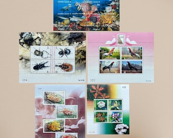 Vintage Thailand Commemorative Stamp Sheet 2001 - Marine Life, Flowers, Insects, Mushrooms, Fighting rooster themes