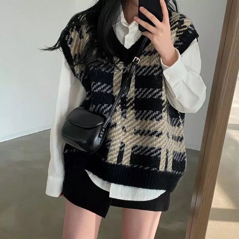 Korean Sweater Vest Korean Style Sweater Plaid Sweater - Etsy