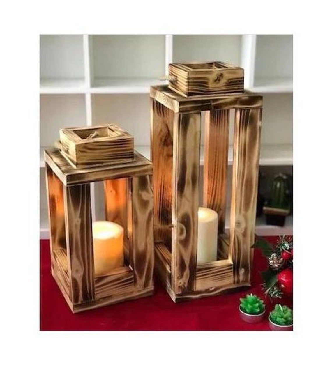Wooden Lantern Candle Holder Set of 2 Wooden Candle Holder Etsy
