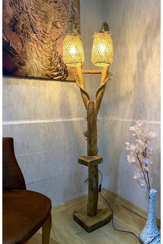 Wooden Floor Lamp Bookcase Floor Lamp With Shelf Natural Etsy