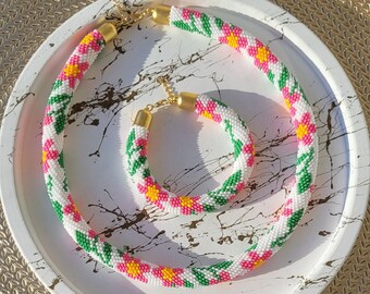 Pink Flower Bead Crochet Necklace & Bracelet Set: Czech Seed Beaded Jewelry