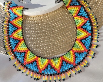 Vibrant Multicolor Beaded Collar Mexican Necklace - Handwoven Bohemian Choker with Huichol Technique