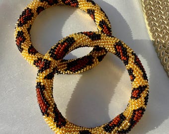 Leopard Bead Crochet Bracelet in Gold and Brown Czech Seed Beads - Animal Print Jewelry