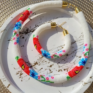 Red Poppy Beaded Crochet Jewelry Set: Czech Glass Seed Beads