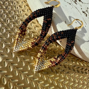 Gradient Leafdrop Miyuki Beaded Earrings | Black, Bronze, Gold & Silver Folded Peyote Jewelry