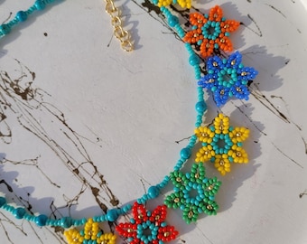 Handwoven Seed Bead Flower Necklace: Turquoise Boho Choker