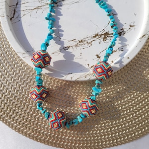 Miyuki Ball Necklace: Turquoise & Red Beaded Sphere, Natural Stone Jewelry
