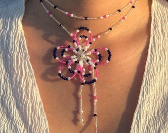 Handmade Beaded Flower Lariat Necklace: Silver, Pink, & Blue Orchid Jewelry