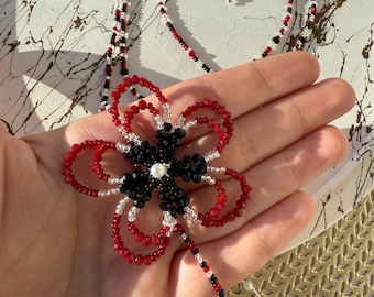 Handmade Beaded Flower Lariat Orchid Necklace | Burgundy, Black & Silver Y-Chain
