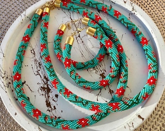 Turquoise&Red Flower Bead Crochet Necklace and Bracelet Set, Tropical Boho Statement Jewelry