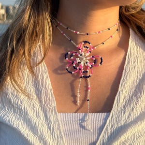 Handmade Beaded Flower Lariat Necklace: Silver, Pink, & Blue Orchid Jewelry