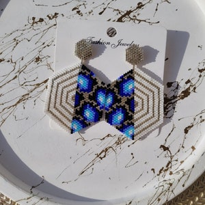 Miyuki Beaded Hexagon Harmony Earrings - Modern Geometric Design - Dynamic Blues, Silver Accents