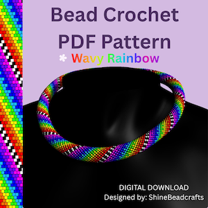 May include: A vibrant bead crochet necklace with a wavy rainbow design. The necklace is shown on a black mannequin. The image includes the text "Bead Crochet PDF Pattern Wavy Rainbow" and "DIGITAL DOWNLOAD Designed by: ShineBeadcrafts."