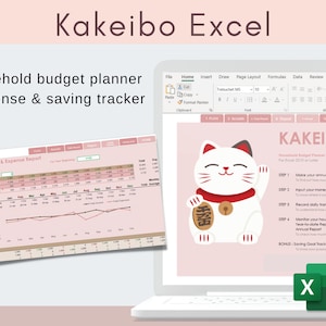 Kakeibo excel template tool - Household budget planner Expense saving tracker | frugal cost of living against inflation fortune cat workbook