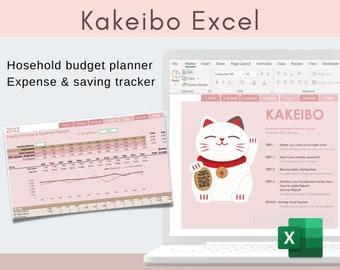Kakeibo excel template tool - Household budget planner Expense saving tracker | frugal cost of living against inflation fortune cat workbook